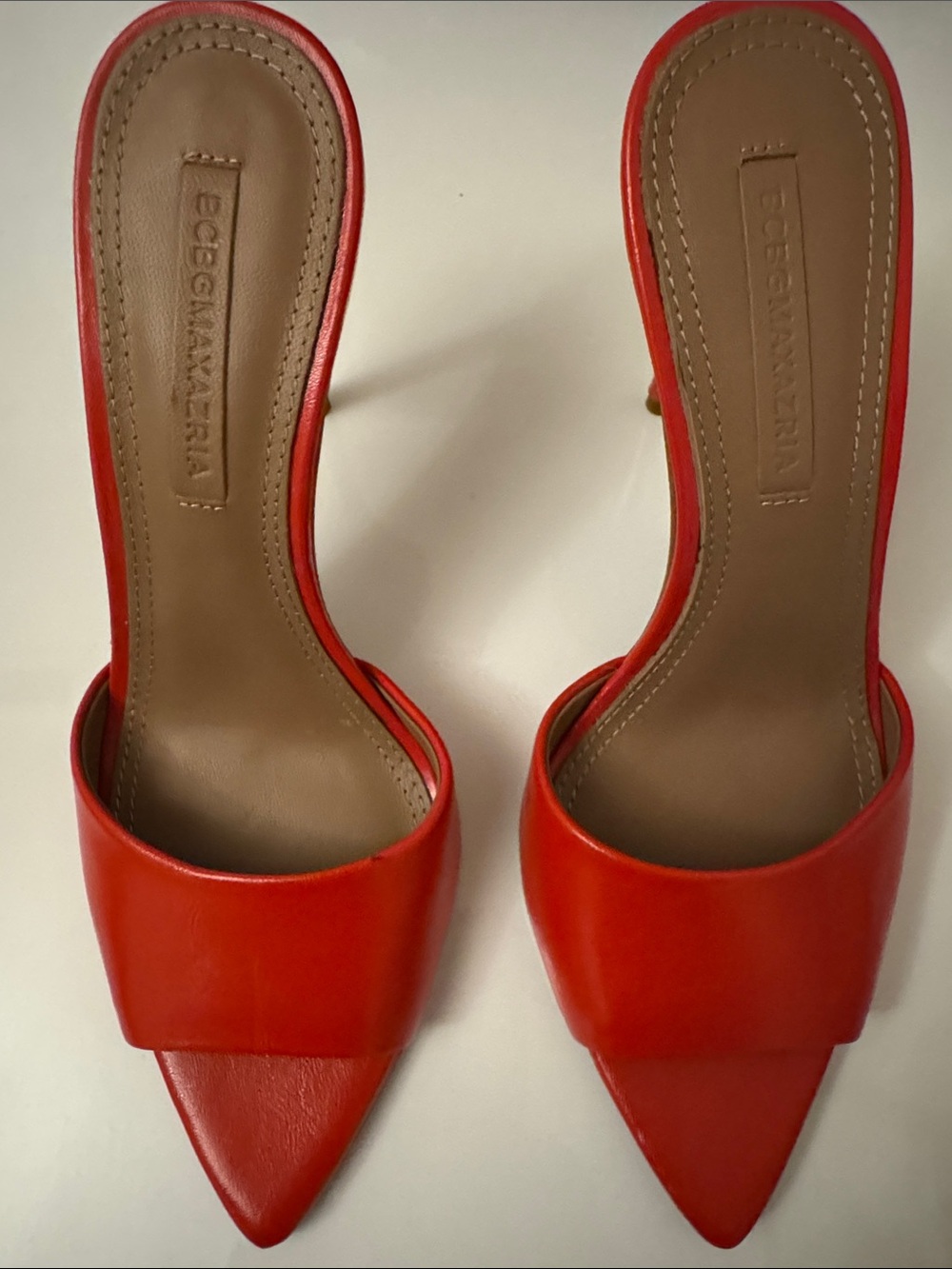 BCBGMaxAzria Red Pointed Toe Slide Mules with Tan Insole